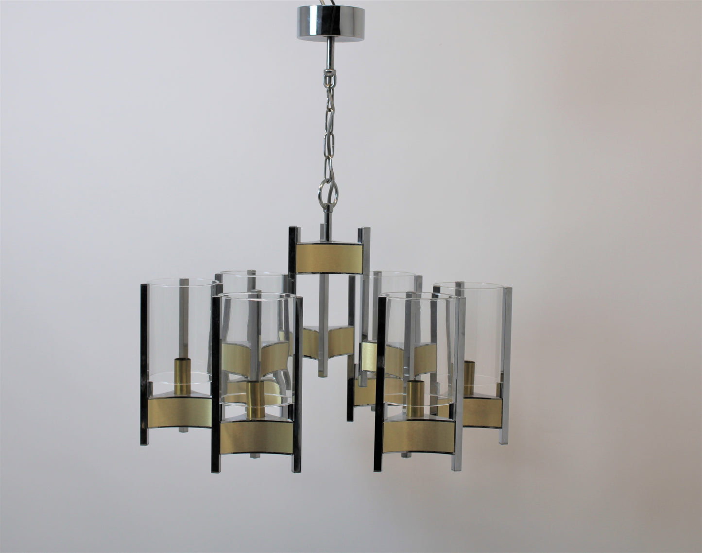 Gaetano Sciolari Six-Light Glass Hurricane Chandelier, Italy, 1970s