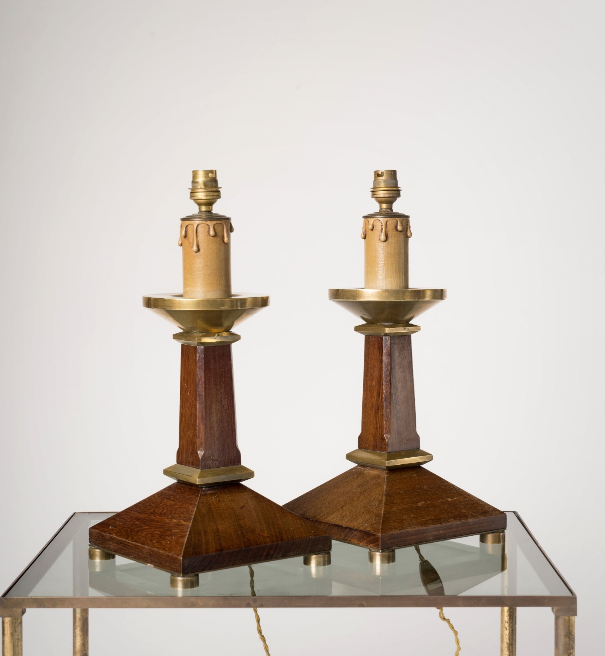 Pair of Neo-Classical Mahogany and Brass Table Lamps - France 1960's