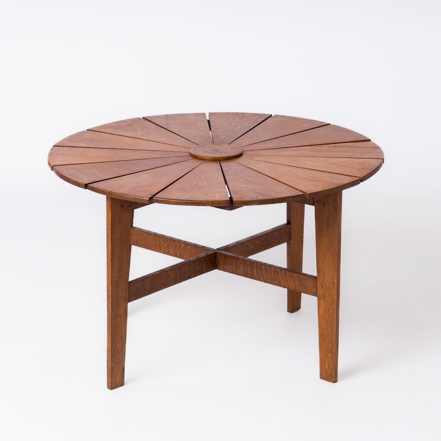 Daisy Shaped Oak Slats Round Coffee Table - France 1950's