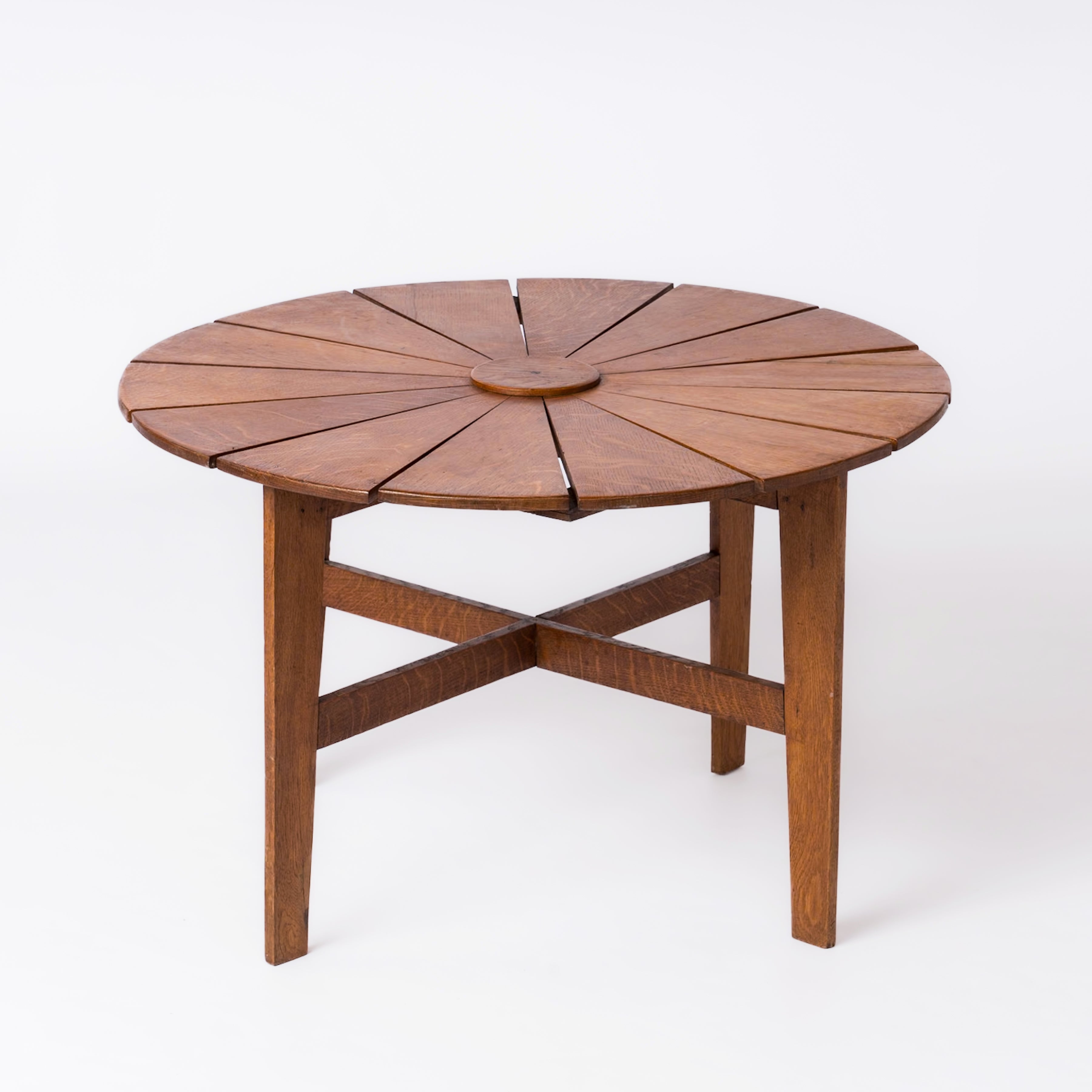 Daisy Shaped Oak Slats Round Coffee Table - France 1950's