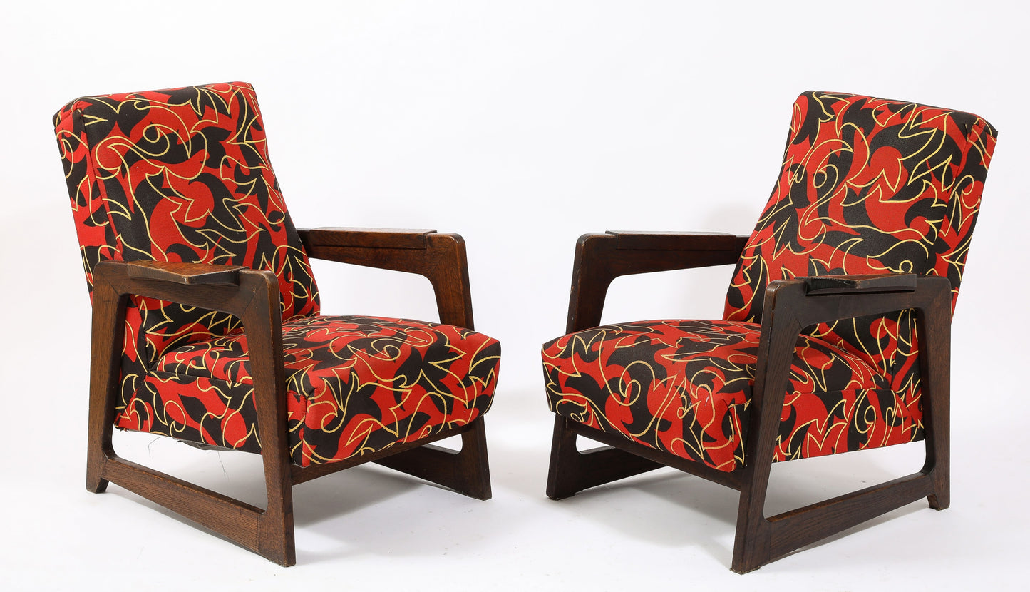 Pair of Upholstered Darkened Oak René Gabriel Style Armchairs - France 1950's