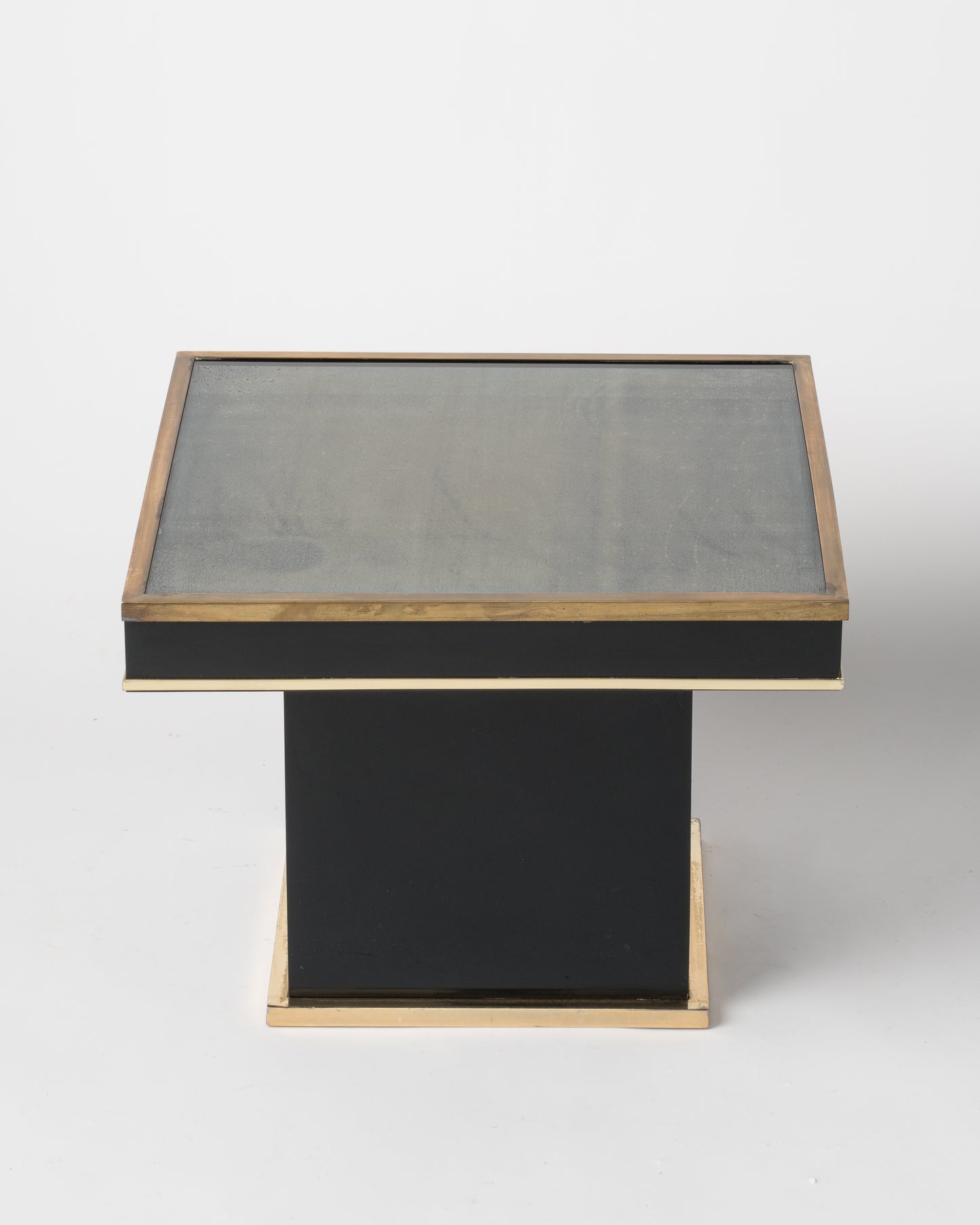 Black Laminate Brass & Glass Side Table Att. JC Mahey, France, 1980s