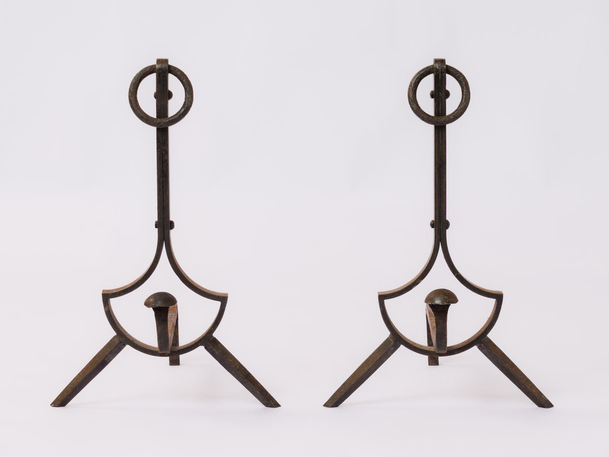 Important Pair of "Compas" Steel Andirons - France 1970's