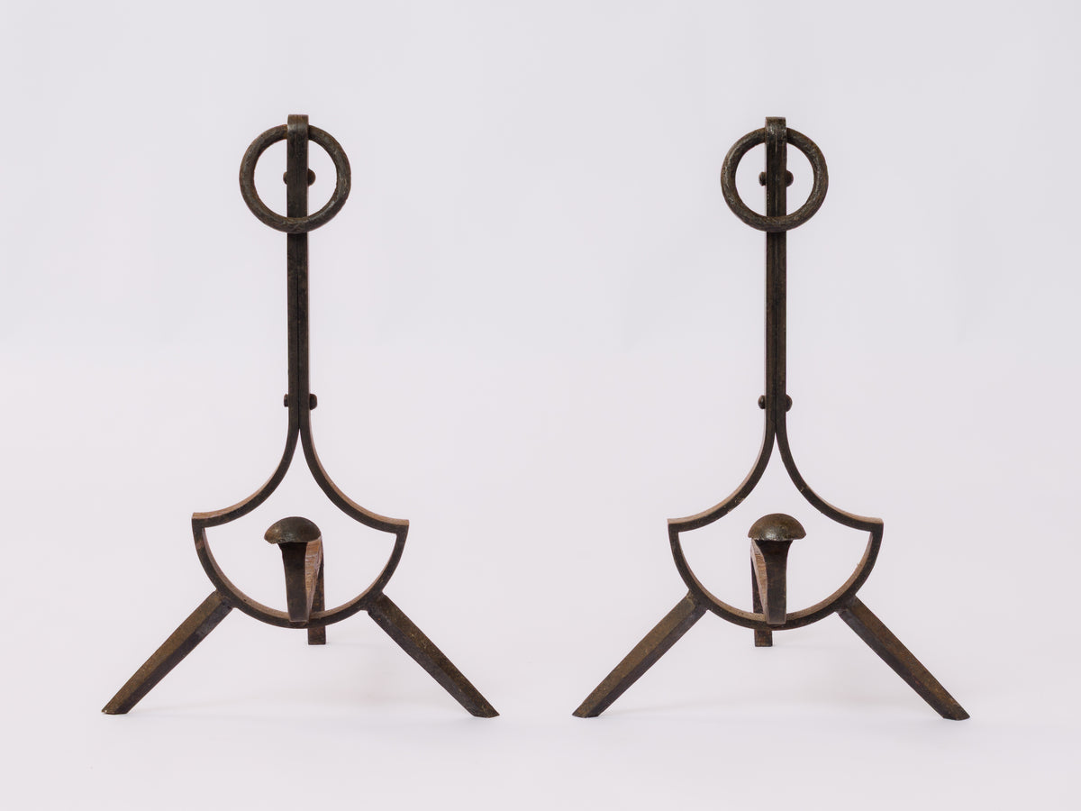 Important Pair of "Compas" Steel Andirons - France 1970's