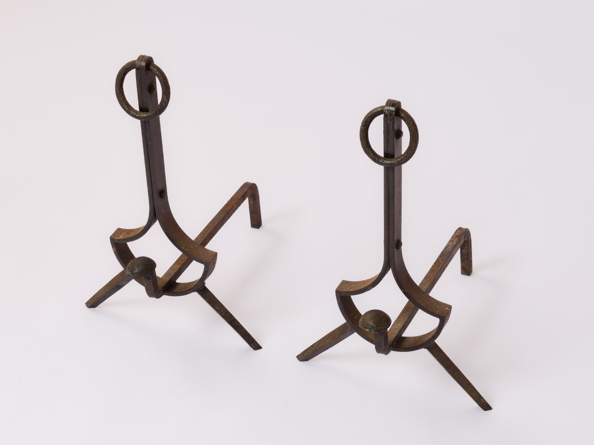 Important Pair of "Compas" Steel Andirons - France 1970's