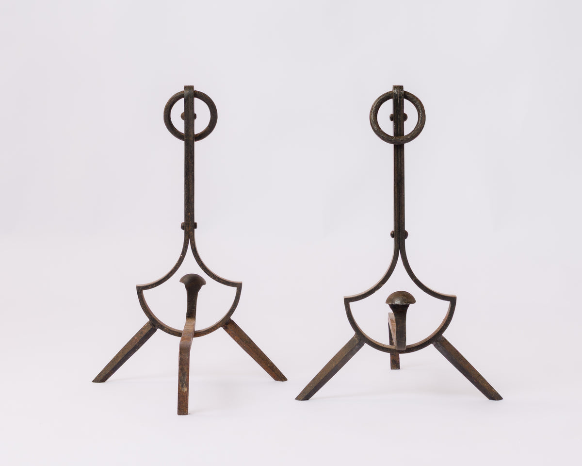 Important Pair of "Compas" Steel Andirons - France 1970's