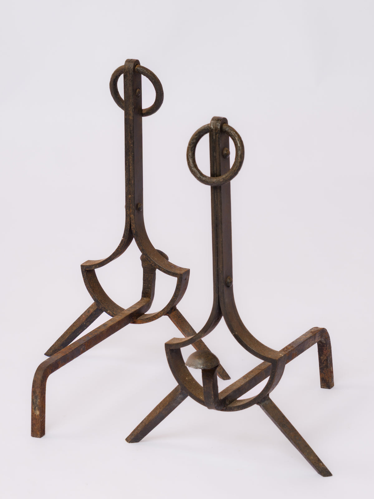 Important Pair of "Compas" Steel Andirons - France 1970's