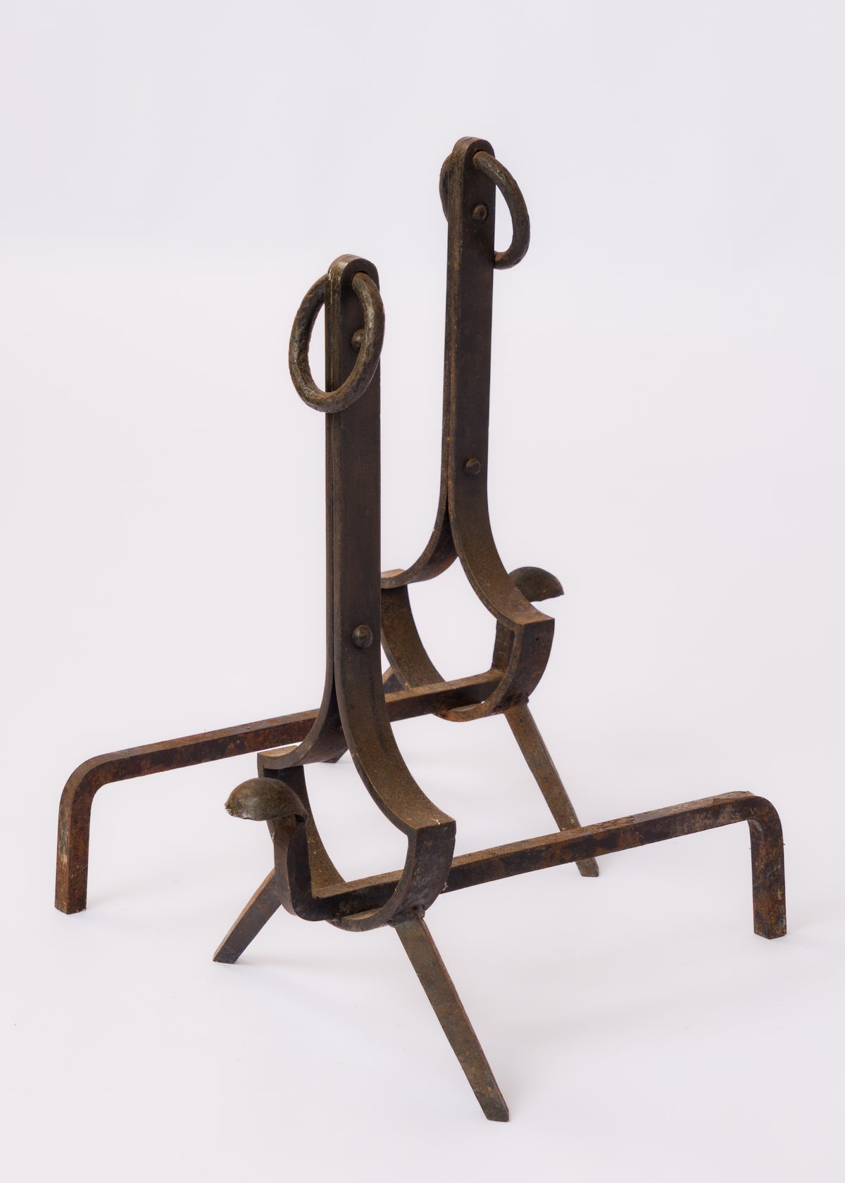 Important Pair of "Compas" Steel Andirons - France 1970's