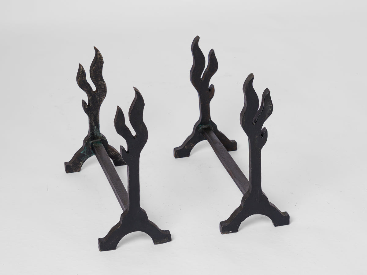 Twin "Flammes" Solid Cast Iron Andirons - France 1970's
