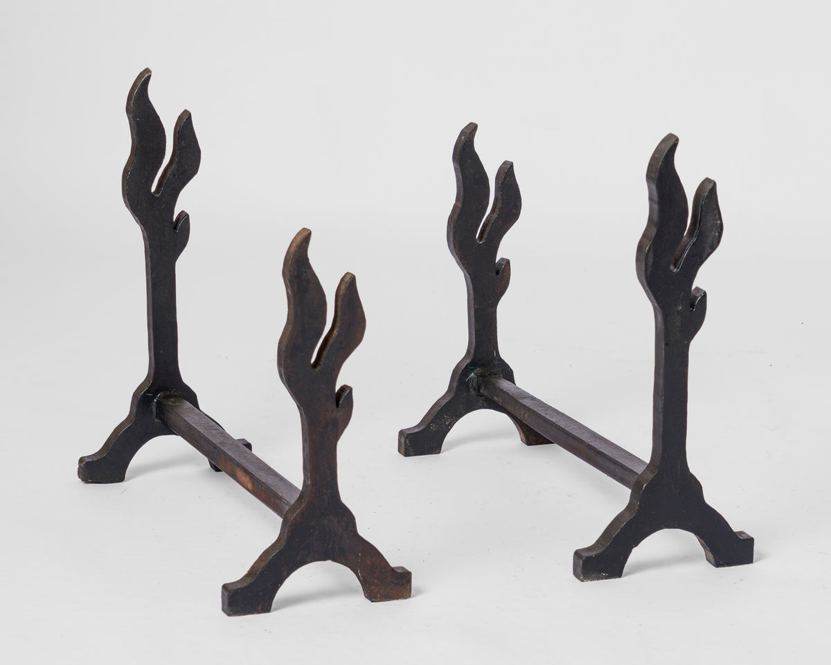 Twin "Flammes" Solid Cast Iron Andirons - France 1970's