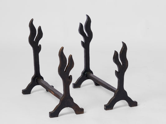 Twin "Flammes" Solid Cast Iron Andirons - France 1970's