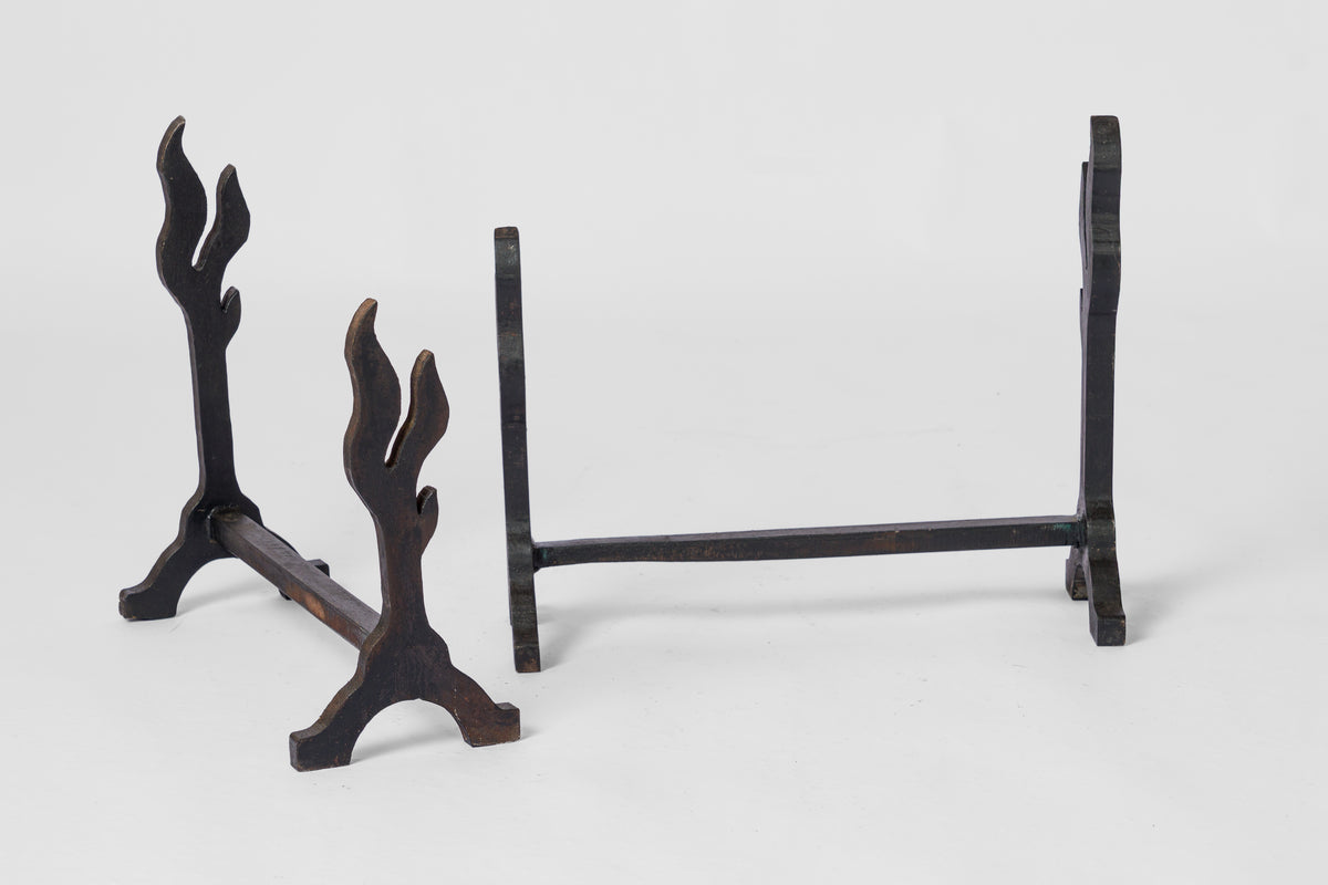 Twin "Flammes" Solid Cast Iron Andirons - France 1970's