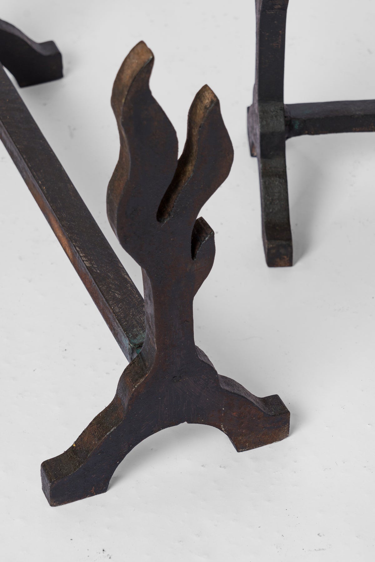 Twin "Flammes" Solid Cast Iron Andirons - France 1970's